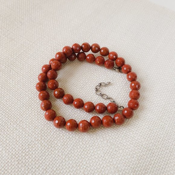 Red Jasper Gemstone Brick Red Disco Faceted Round Beaded Simple Collar Necklace - Picture 4 of 11